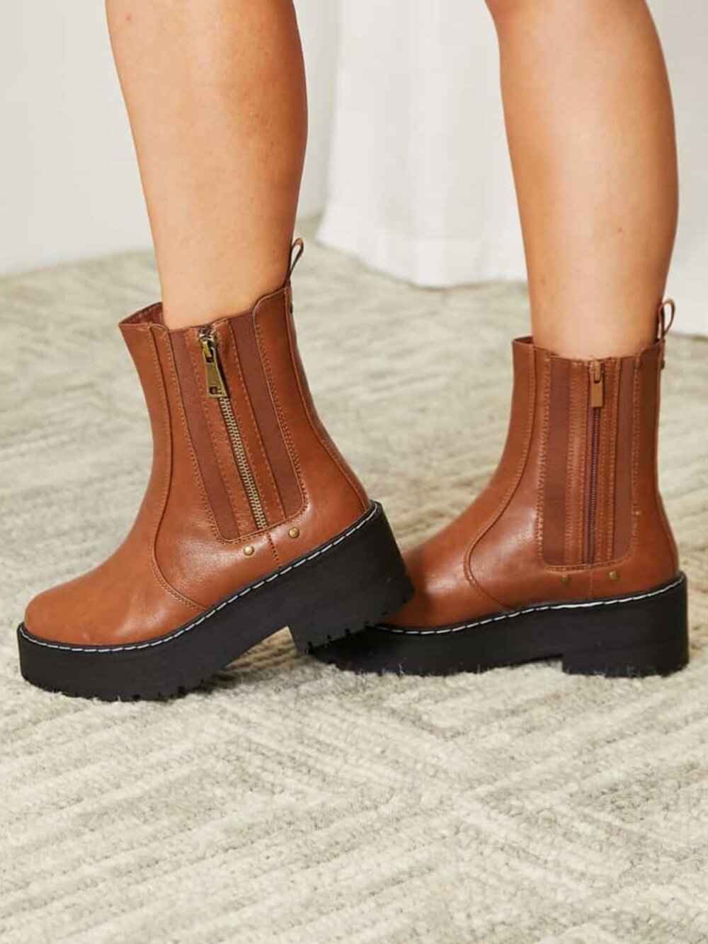 Chestnut Brown Platform Ankle Boots | Side Zip Lug Sole